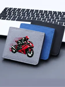Track Racing Motorcycle Print Jacket, Casual Cartoon Style, All Seasons, Blue Options, Short Folded Design, Versatile Fashion