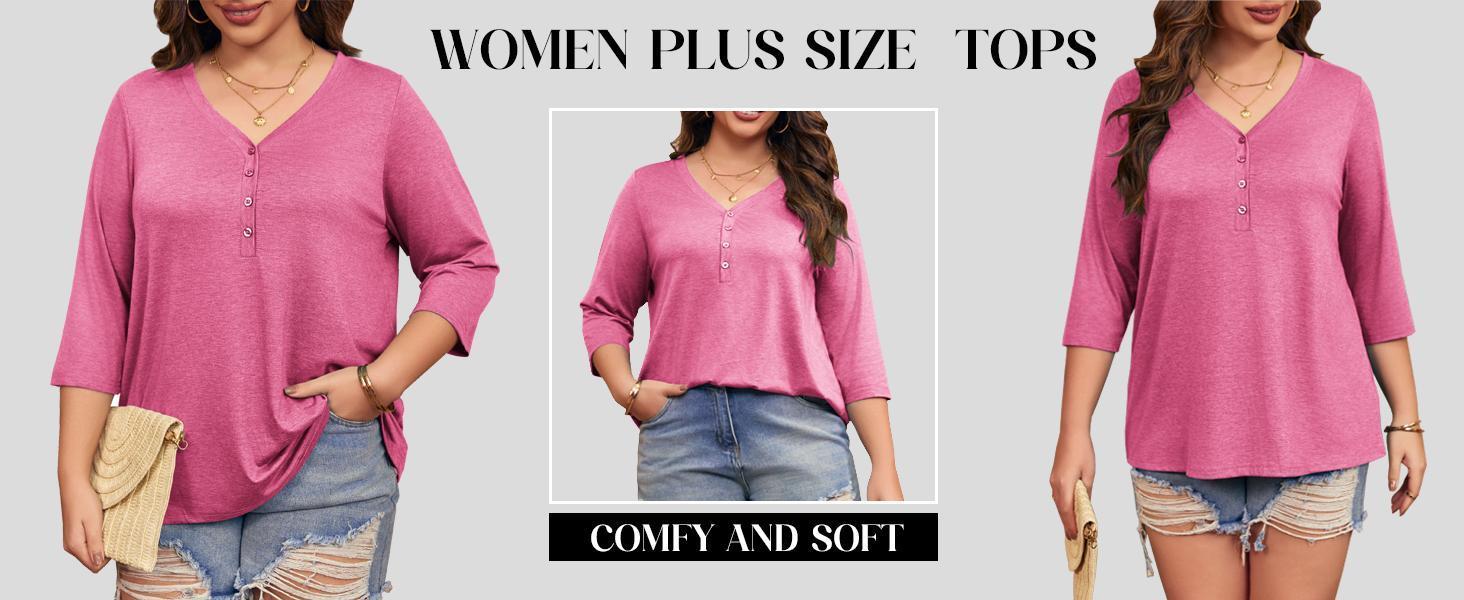 【L-5XL】 Imily Bela Curve Womens Plus Size Tops V Neck 3/4 Sleeve Casual T-Shirts Loose Basic Tunic Tees Summer Vneck Minimalist Streetwear