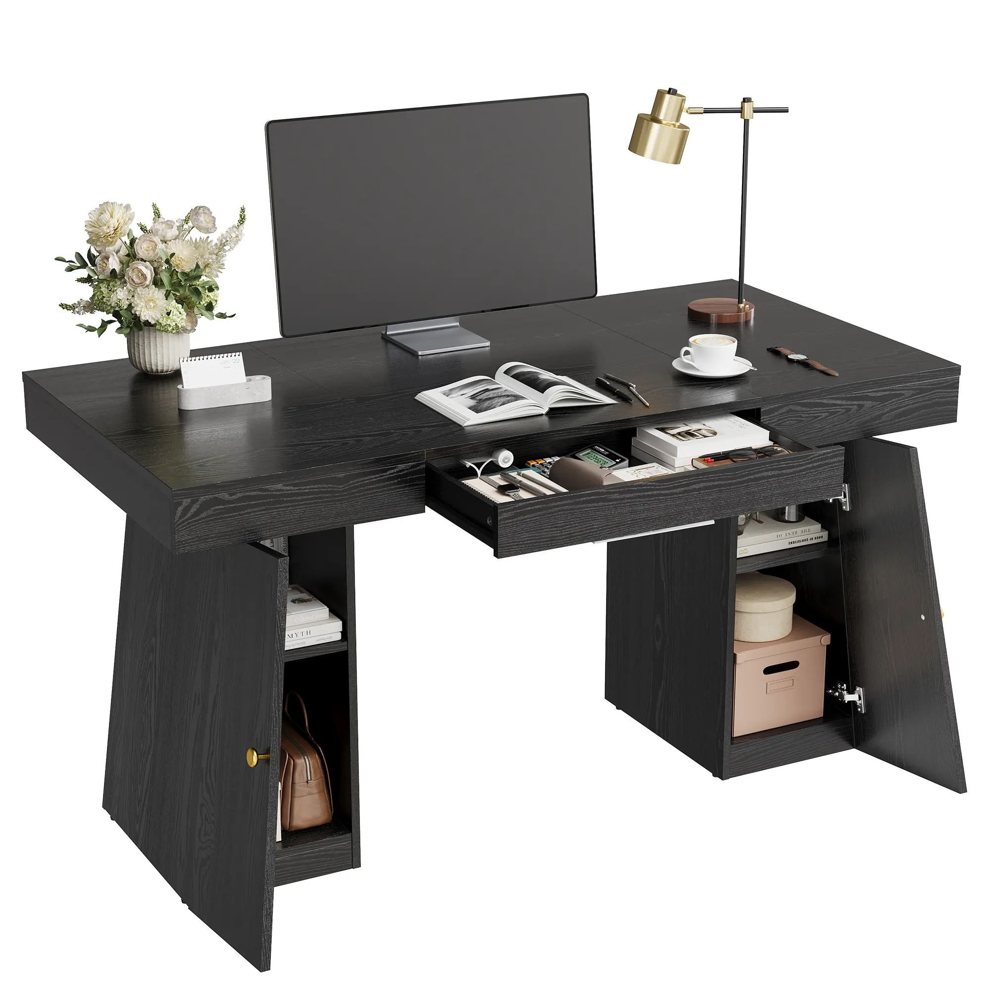 [SummerSale] GARVEE Modern Home Office Computer Desk, 55 x 27.5 Inch Writing Study Table with Drawers & Storage Shelves, Sturdy Gaming Workstation/Home Office Furniture/Best Gift Ideas/Christmas Gifts