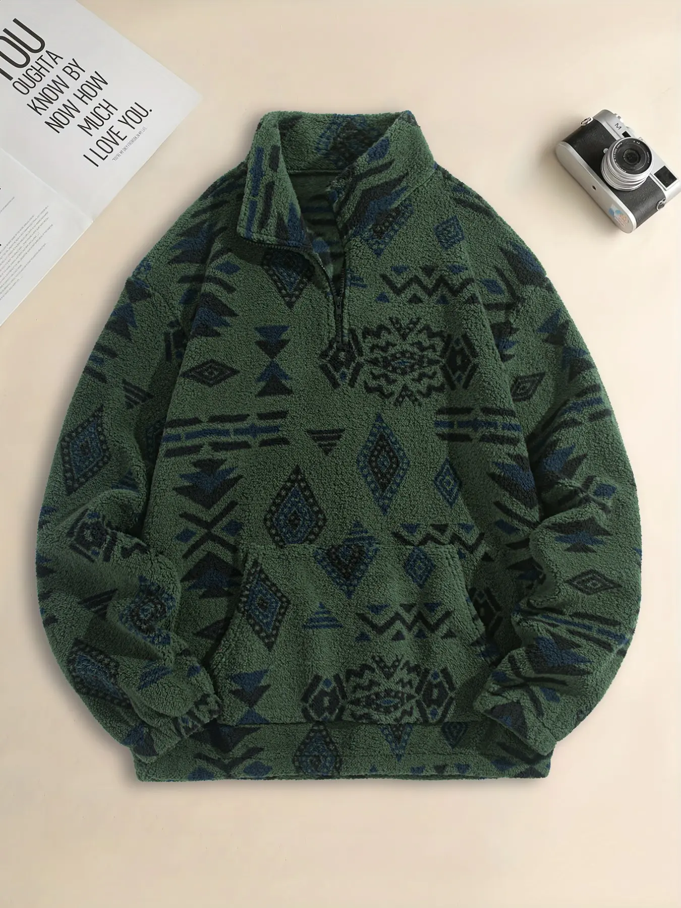 Men's Aztec Print Fleece Sweatshirt, Quarter Zip Stand Collar Pullover, Casual Warm Ethnic Style Winter Sweater, Comfortable and Stylish