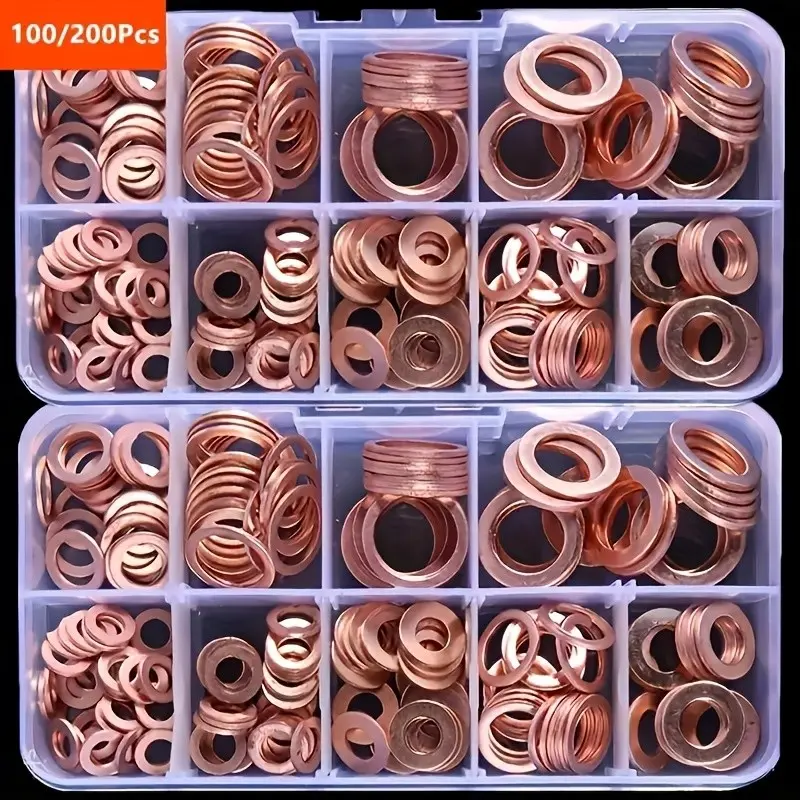 100pcs Copper Washers Seal Kit, M5-M14 Bolts And Nuts Set, Flat Ring Seals with Box, Organized Storage, Ideal for Fuel Tank Caps, Heavy Duty Fastening, Durable Fasteners