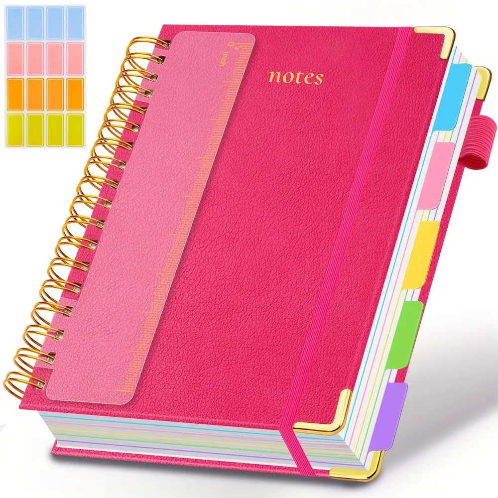 A5 Spiral Notebook with Ruler – 300 Pages Hardcover, 100GSM Thick Paper, Vintage Style, Lined Pages, Pink Faux Leather Cover, Ideal for Work, School & College Planning, Notebook & Journal