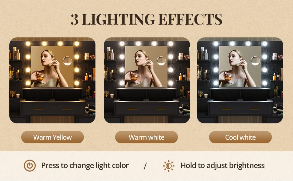 Glass Top Makeup Vanity with Lighted Mirror Black