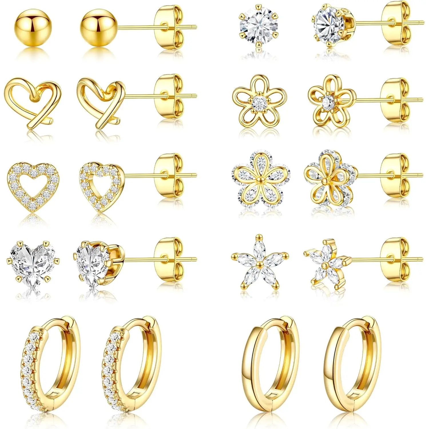10 Pairs Small Golden Tone Stud Earrings Set, Golden Tone Plated Huggie Hoops, Dainty Flower Heart Stud Earrings, Stackable Trendy Jewelry for Daily Party Travel Birthday Gift