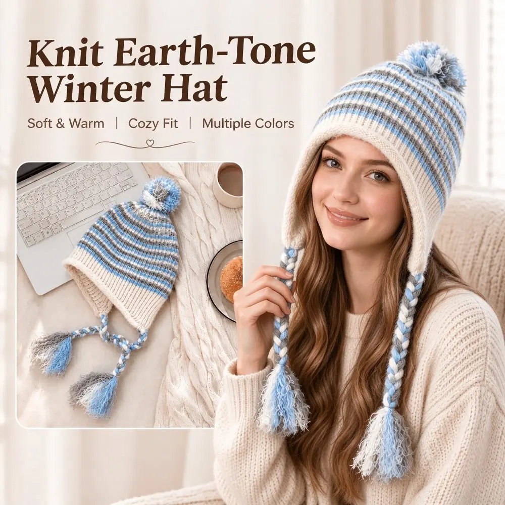Color Block Striped Knitted Beanie, Winter Ear Flap Knit Hat with Pom Pom & Tassel Braids, Warm Oversized Head Circumference Pullover Hat, Cozy Autumn Winter Outdoor Headwear