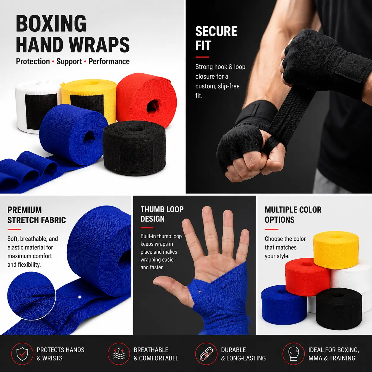 Premium Cotton-Blend Elastic Hand Wraps for Boxing, Muay Thai, Kickboxing, and Martial Arts Training – Breathable, Supportive, and Reusable Wrist Protection with Secure Velcro Closure and Comfortable Stretch Fit