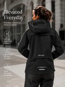 Women's Waterproof Hooded Raincoat, Outdoor Windproof Softshell Jacket with Zipper Pocket, Breathable Hiking Coat, Lightweight Travel Camping Gear, Athletic Outerwear Activewear