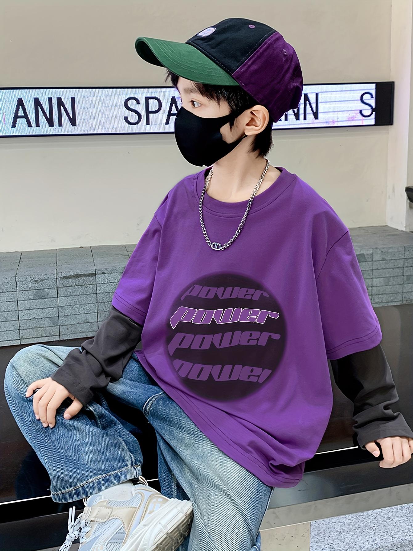 Boys' Two-Tone Long Sleeve T-Shirt - Purple & Color Block Streetwear Pullover with "POWER" Lettering, Drop Shoulder Casual Top for Spring/Fall Outdoor Sports, Spring Fall Apparel, Sporty Look, Durable Construction, Young Athletes, Streetwear Fashion