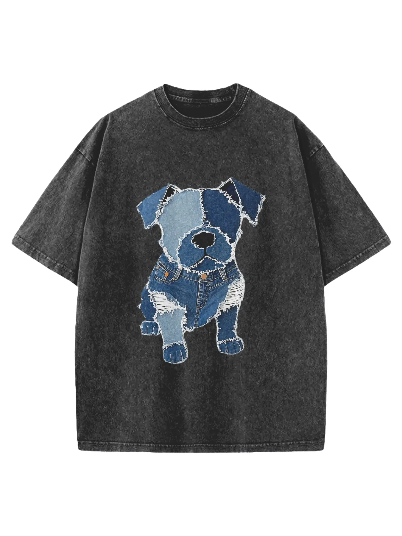 Men's Vintage Washed Denim Dog Print T-Shirt, Top, Patchwork Design, Retro Style, Comfortable Casual Wear, Perfect for Daily Use
