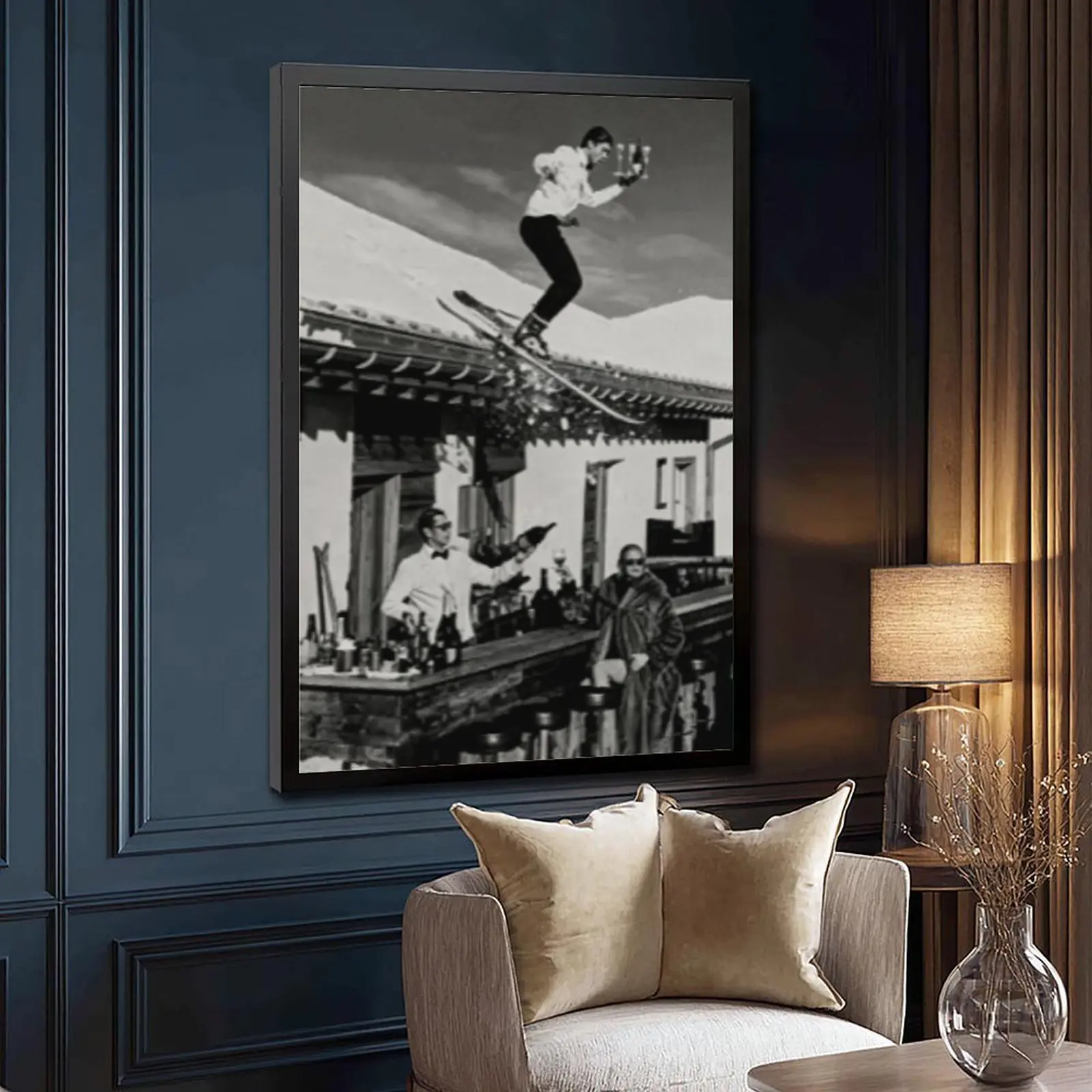 Vintage Black White Skiing Bartender Poster Luxury Apres Ski Bar Lifestyle Print Retro Alpine Ski Jump Wine Scene Wall Art Elegant Winter Resort Canvas Decor Living Room Aesthetic Wall Hanging Artwork Minimalist
