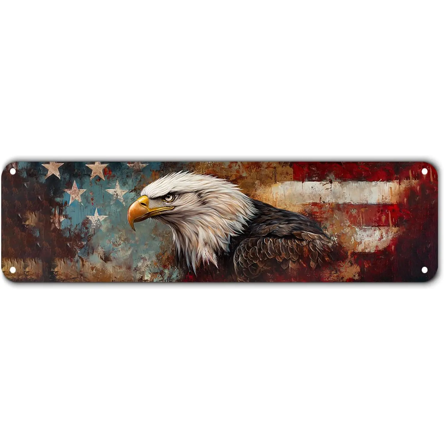Vintage Eagle & Flag Aluminum Tin Wall Art Sign - Patriotic Decor, 4x16in Rustic Bald Eagle on Weathered Flag - Mountable Hanging Memorial Gift for Man Cave, Military