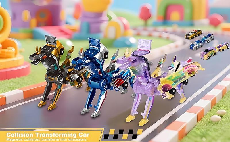 Transforming Dinosaur Toys, 2 in 1 Magnetic Cars Collision Transform into Dino Toys, for Boys Girls Toy Age 2-12, Christmas Birthday Gift(Blue Dragon)