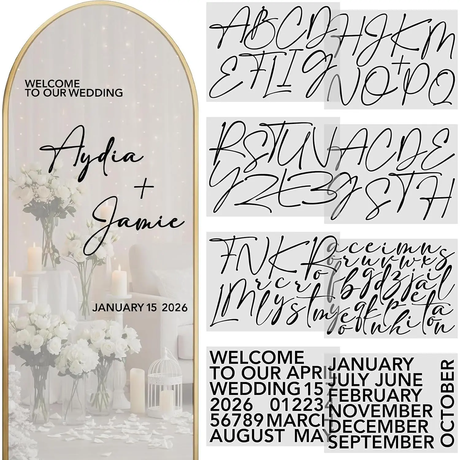 8 Sheet Wedding Mirror Decal Custom Name Letters,Black | UV Transfer DTF for Bridal Shower, Personalized Bride Groom Name Stickers, Mirror  for Welcome Sign Decoration