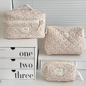 3-Piece Floral Makeup Bag Set, Large Cosmetic Organizer with Handle, Travel Pouch & Small Storage Bag, Multi-Compartment