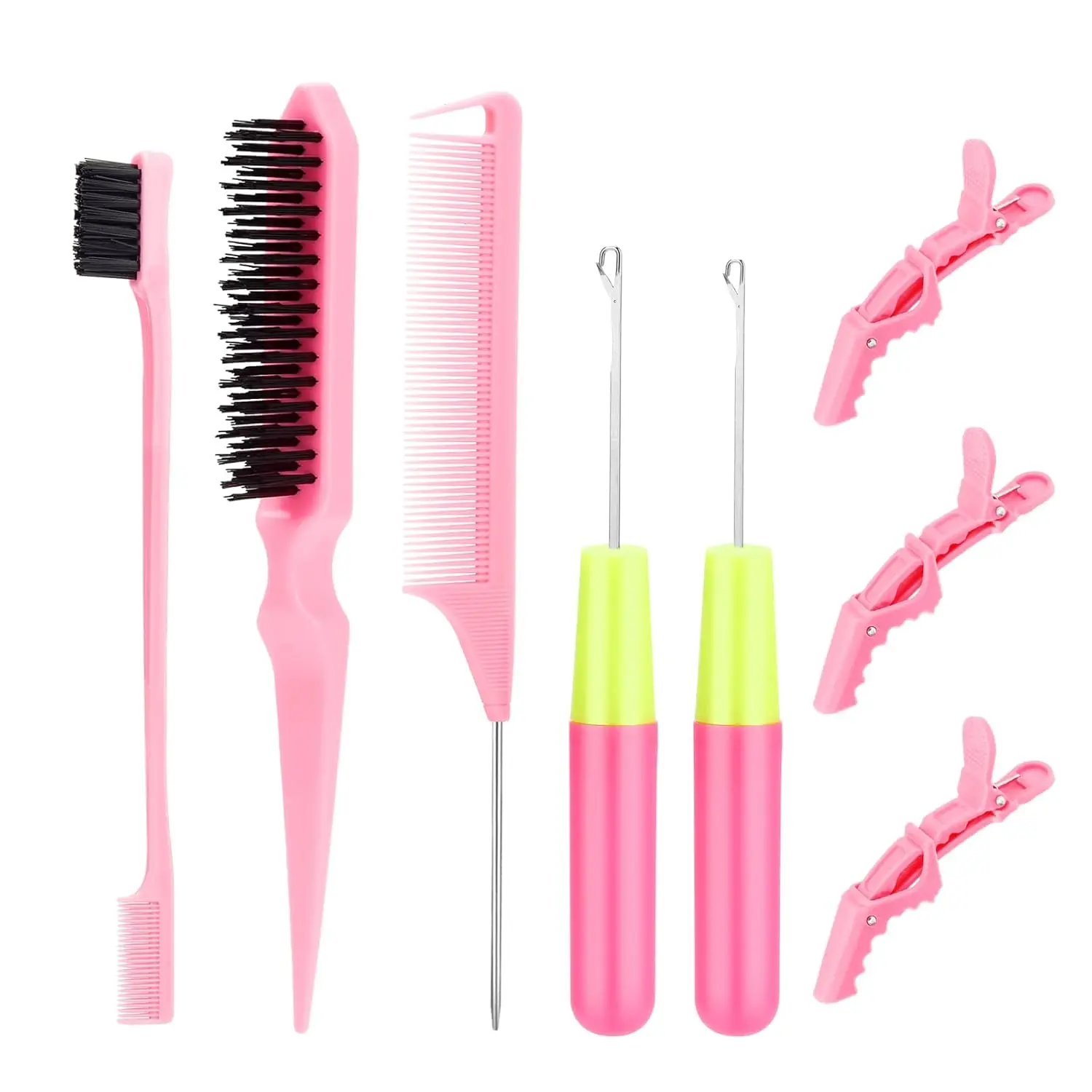8-Piece Haircare Styling Kit Set - Multiple Pieces Including 2 Crochet Hooks, Edge Brush, Bristle Brush, Rat Tail Comb, 3 Gator Clips - For Passion Twists, Braiding Hair Tools (Includes Clips)