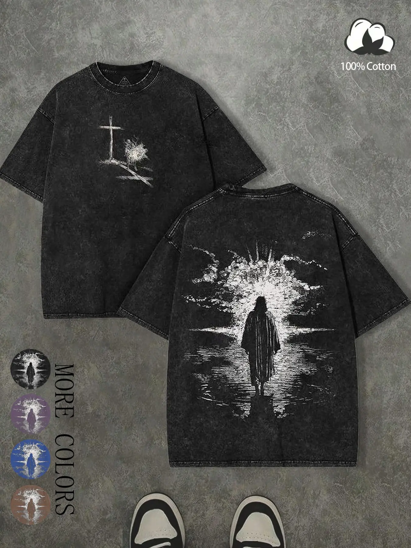 Unisex design, retro-style loose fit T-shirt with thorns and Jesus print, Christian-themed T-shirt, retro-style streetwear, casual, school-related, back-to-school, commuting. Popular TikTok fashion T-shirt
