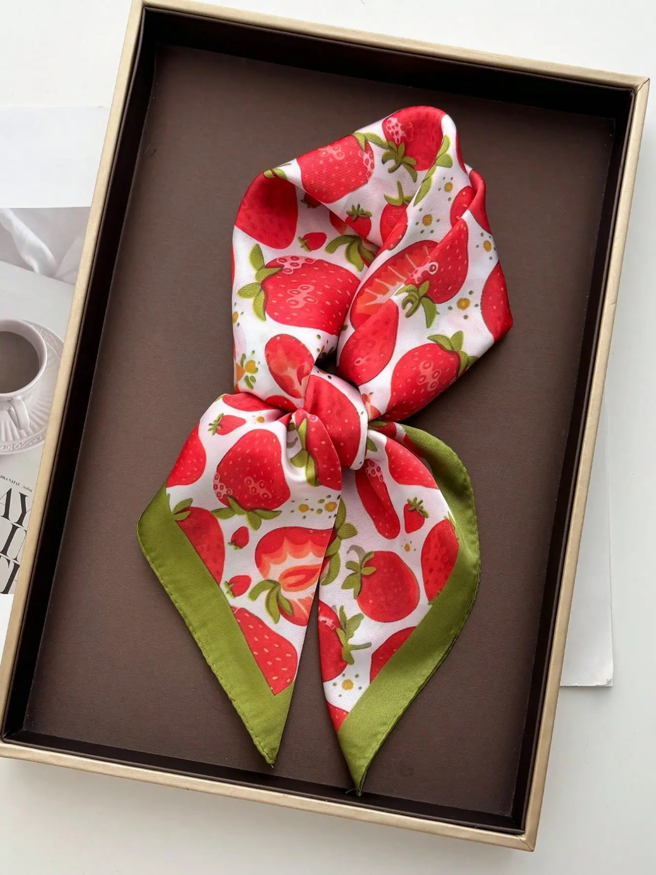 Elegant satin scarf with strawberry print, 70 cm, soft women’s scarf, versatile headscarf, and bag accessory