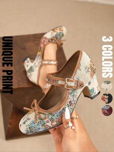 elegant women's mary jane high heels with cute bow, stylish round toe chunky heels, comfortable buckle strap design for parties and work