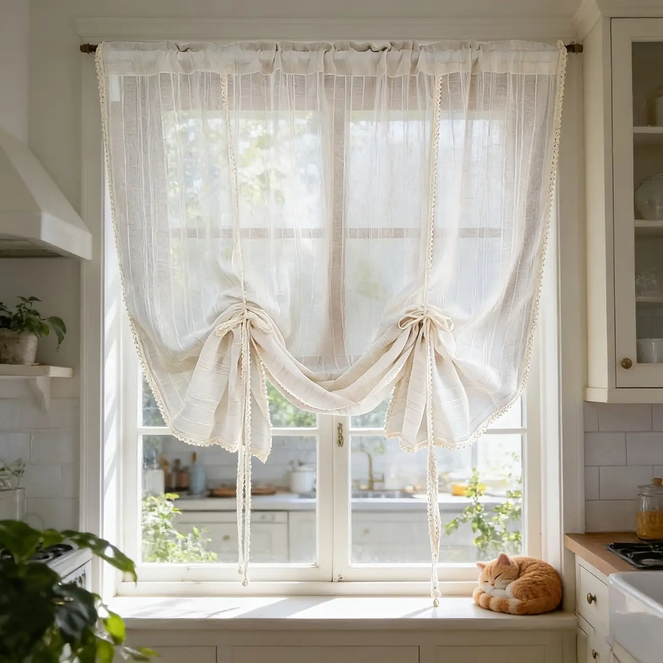1pc French Vintage Striped Linen-Style Drapes, Adjustable Roller Shades, Beaded Ribbon Trim, Pocket Rod Design, Living Room, Bedroom, Café Decor