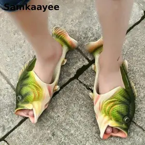 36-47 Womens Slippers Summer Shoes Men Funny Fish Sandals Flats Flip Flops Couple Bathroom Antiskid Soft Bottom Beach Footwear 1