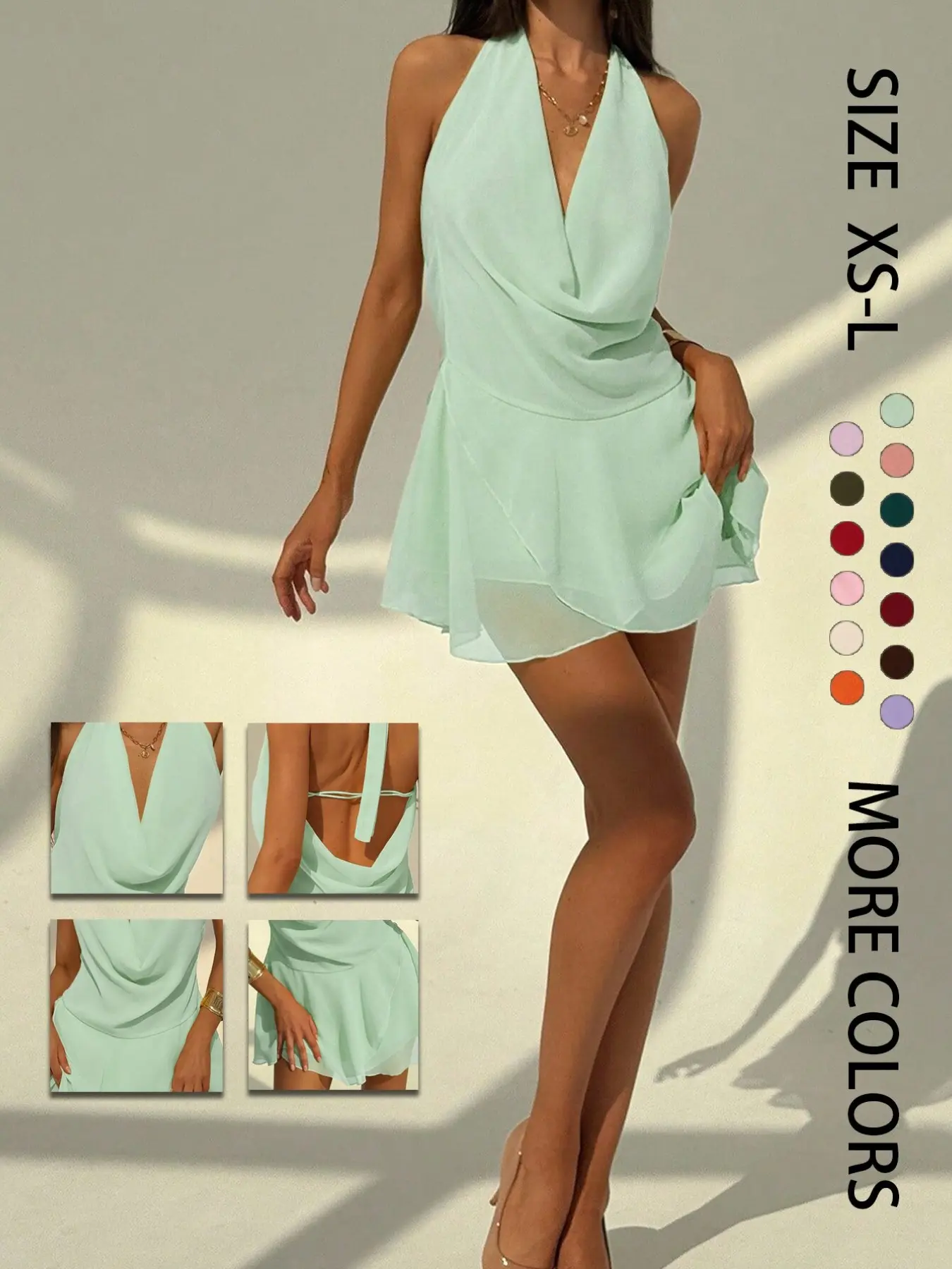 Women's Mini Dress, Halter Backless Pleated Cross Tie V-Neck, Summer Fashion, Chic, Elegant Polka Dot Skirt, Short Length, Plain Surface