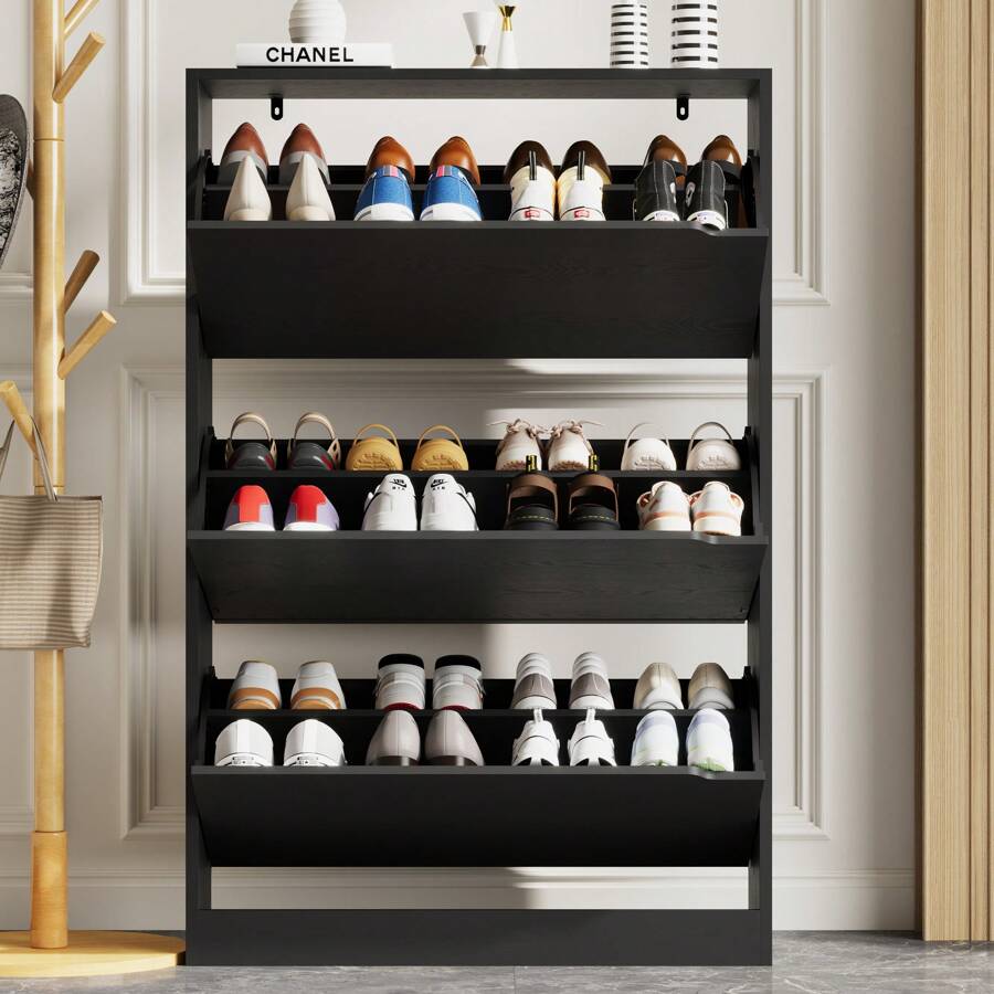 Narrow Hidden Shoe Storage Cabinet with 3 Flip Drawers, Modern Large Capacity Shoe Organizer, Perfect for Hallway, Small Apartment, Entryway, Space-Saving Freestanding Shoe Cabinet