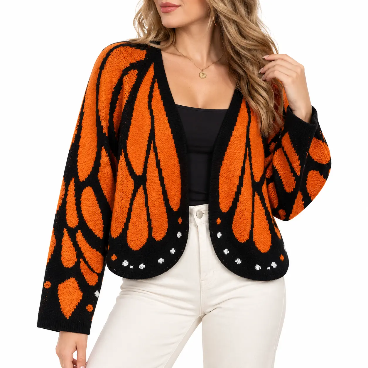 Women's Trendy Graphic Oversized Butterfly Wings Knit Cardigan - Front Open V-Neck, Long Bat Sleeves, Short Cropped Style, 1-Piece Casual Fashion Outerwear for Vacation Parties