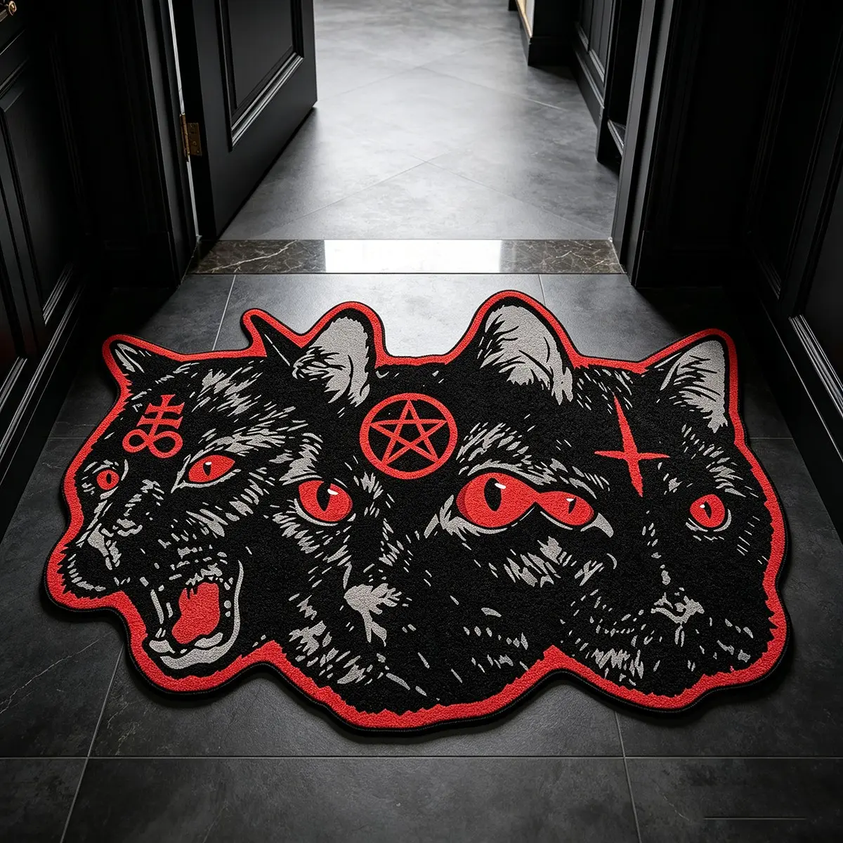 Halloween Gothic Three-Headed Magic Cat Rug, Irregular Shape, Soft Washable, Easy Clean, Retro American Style, Perfect for Living Room, Bedroom, Office, Indoor Rug, Animal Themed Rugs