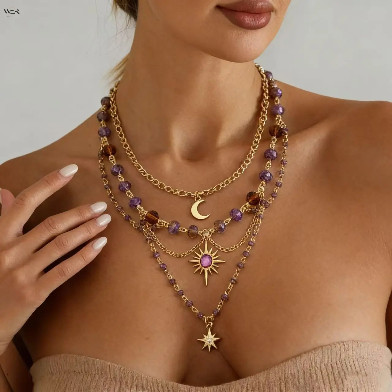 Celestial 3-Layer Necklace for Women, Boho Decor Gold Choker with Warm Tone Crystal Beads & Moon Sun Star Pendants, Adjustable Extender 19cm, Celestial Motifs, Faceted Crystal Beads, Alloy, Warm Set Tone, Vintage, Polished Alloy, 24Cm, Retro Vintage, Thre