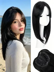 🔥 Instant Hair Transformation! Black Straight Hair Topper with Side Bangs, Premium Kanekalon Synthetic, Clip-In for Natural Volume & Everyday Style!
