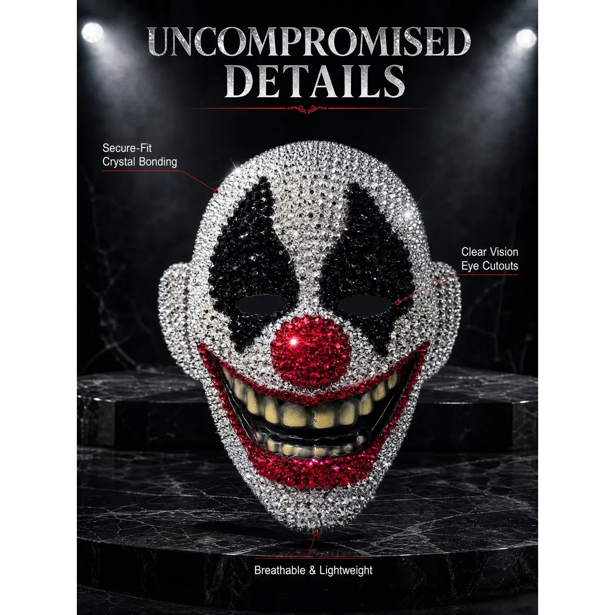 Rhinestone Clown Mask, Sparkly Halloween Costume Mask for Masquerade Ball, Party Cosplay Decorations for Adults