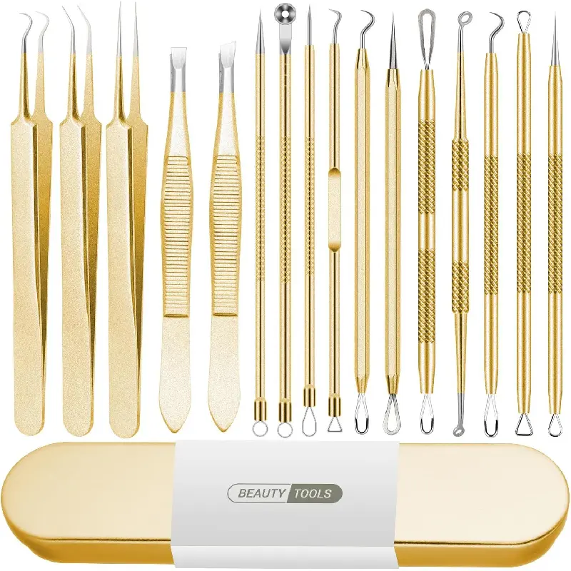 Blackhead Remover Tool, 16 PCS Pimple Popper Tool Kit, Tweezers Set for Eyebrows Hair Removal Pimple Blemish Acne Comedones Extractor Whitehead Cyst Removal Tool, for Nose Face Beauty Tools (Golden)