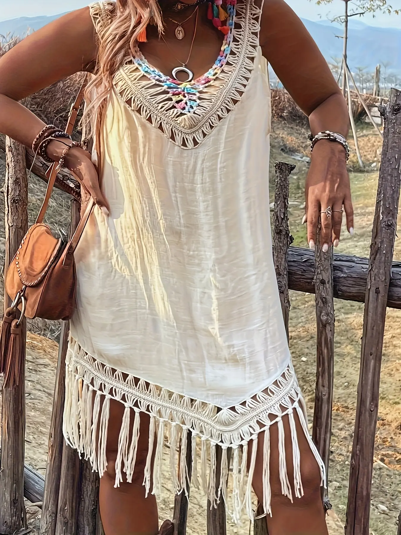 Women's Solid Color V-Neck Sleeveless Semi-Transparent Hollow Crochet Collar with Flowing Tassels Hem Fashionable Casual Beach Plus Size Cover-Up Dress