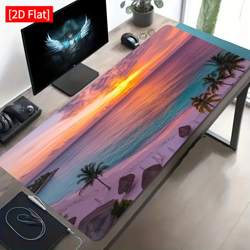 1 pc gaming mouse pad with sunset beach, coconut trees, and sea view pattern, non-slip, washable desktop mat, office accessory, multifunctional mouse pad, desktop decoration