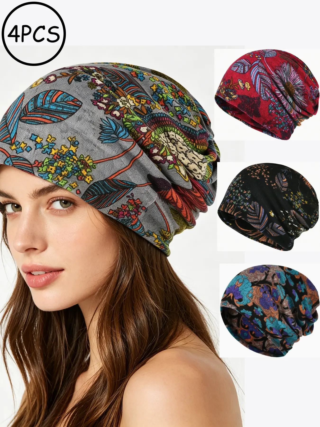 4-piece set of vintage cashmere tropical floral-printed loose beret sets, soft and elastic bohemian slip-on hats, available in multiple pack options for casual use