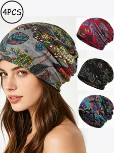 4-piece set of vintage cashmere tropical floral-printed loose beret sets, soft and elastic bohemian slip-on hats, available in multiple pack options for casual use