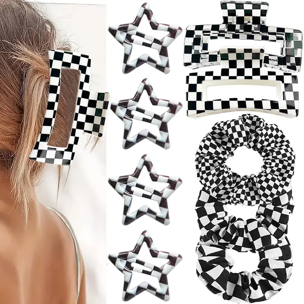 2-Pack Plaid Hair Claws, 8.5cm Large Square Shark Clips, Elegant Daily Use Styling, Transparent Design, All-Season Accessory Set, Hair Decor, Checkered Hair Clip