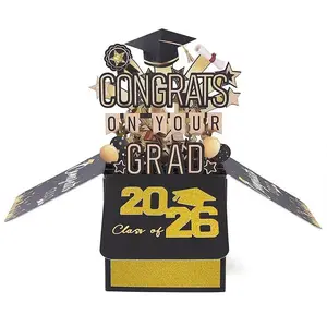 2026 Graduation 3D Card with Solid Paper Cover - Black and Gold Graduation Card - Happy Blessing - Golden Onion Pink Hollow Embossed Gold Card