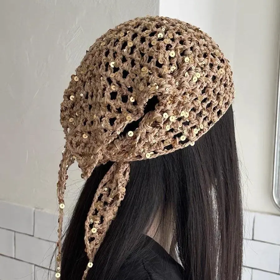 Crochet Sequin Hair Bandana, Tie Back Hollow Out Knit Triangle Kerchief, Y2K Baddie Mermaidcore Boho Hair Scarf, Fashion Accessories for Festival, Beach & Daily Wear, Handcrafted