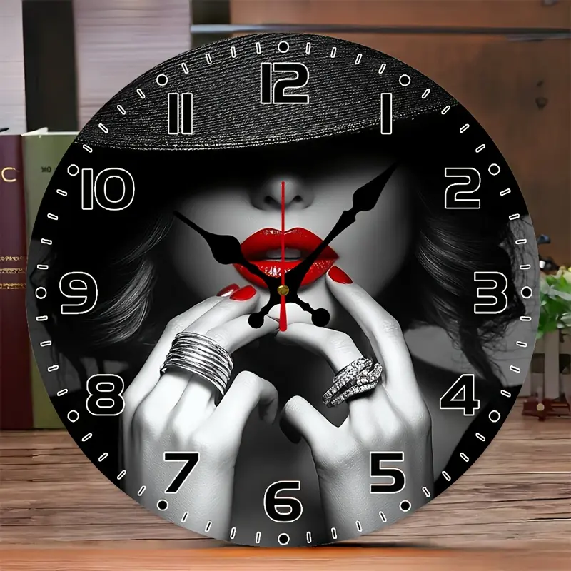 Sexy Lips and Fingers Background Wall Clock - 10inch European and American Style Round Silent Flat Wall Clock - Batteries Not Included - Suitable for Living Room, Bedroom, Outdoor Party Art, Holiday Gifts, Holiday Room Decoration Geometric Clock
