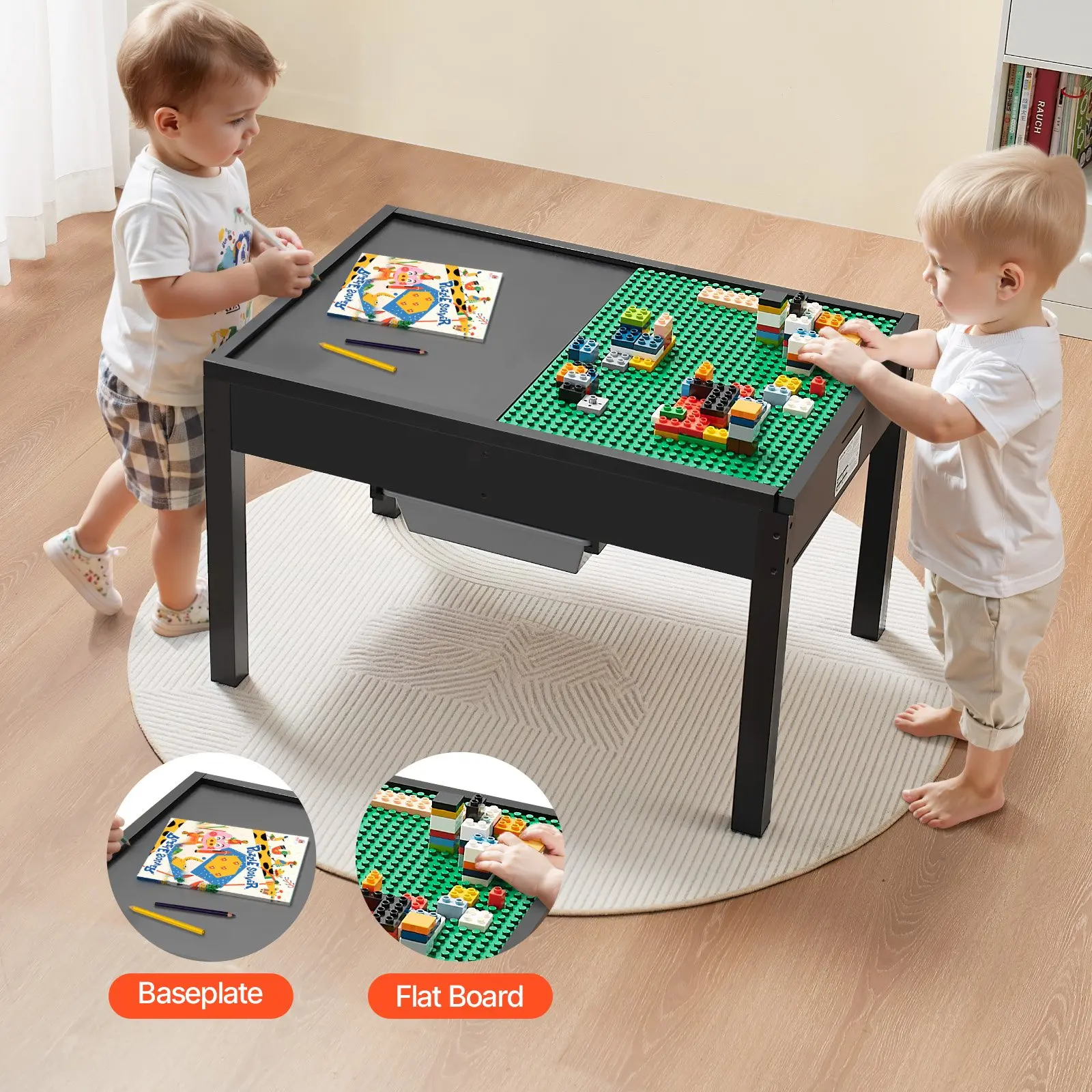 【toolupgrade】VEVOR Kids Wooden Activity Table, Building Blocks Double-Sided Tabletop, Multi-Purpose Activity Play Table with 2 Storage Bins for Kids 3+ Years, Large Storage Space, Present for Boys Girls, Black