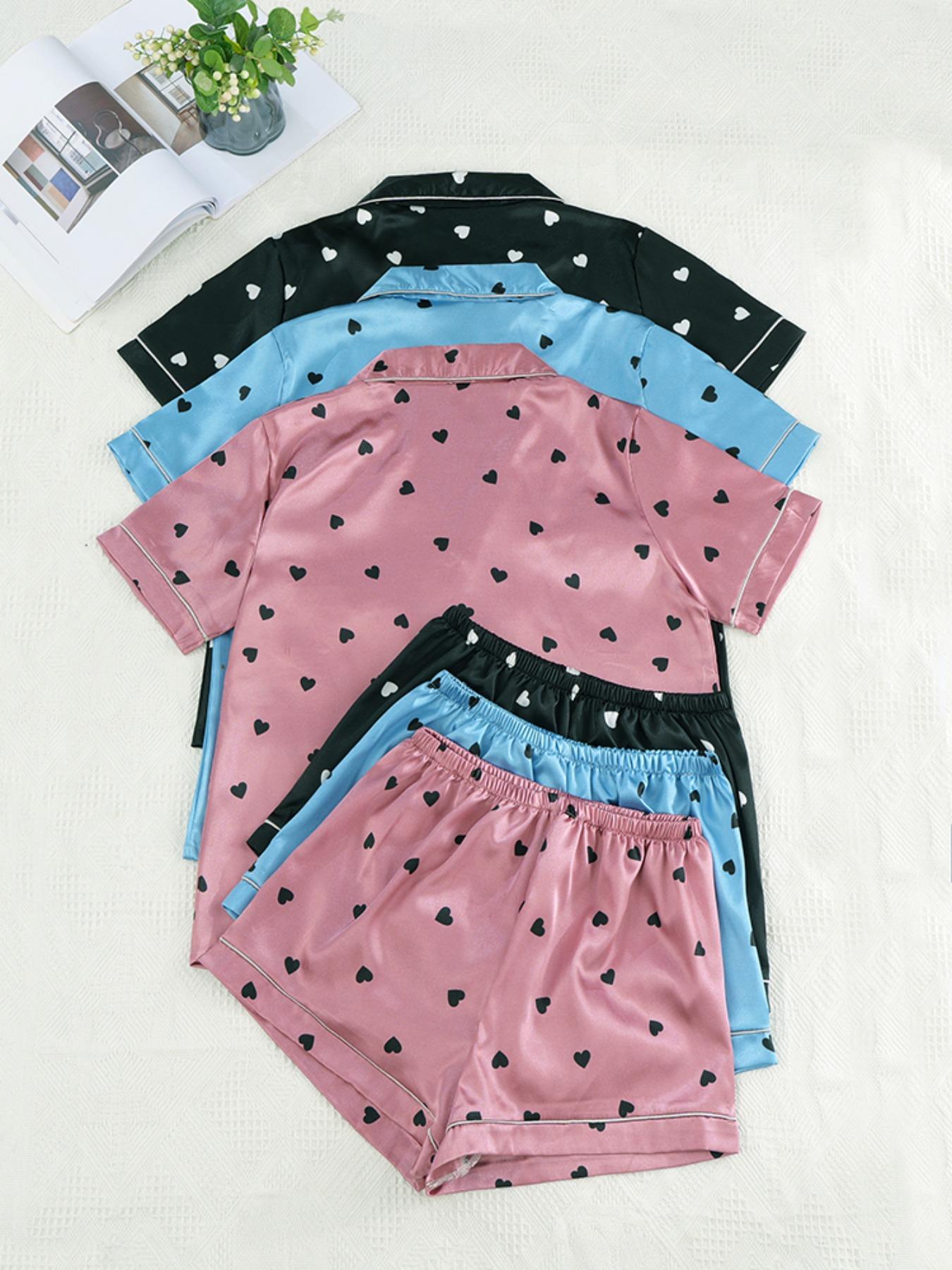 Women's Heart Print Contrast Binding Lapel Shirt & Elastic Waist Shorts Pyjama Set, Casual Comfy Short Sleeve Pocket Button Up Top & Shorts Pj Set, Ladies Soft Satin Sleepwear for All Seasons