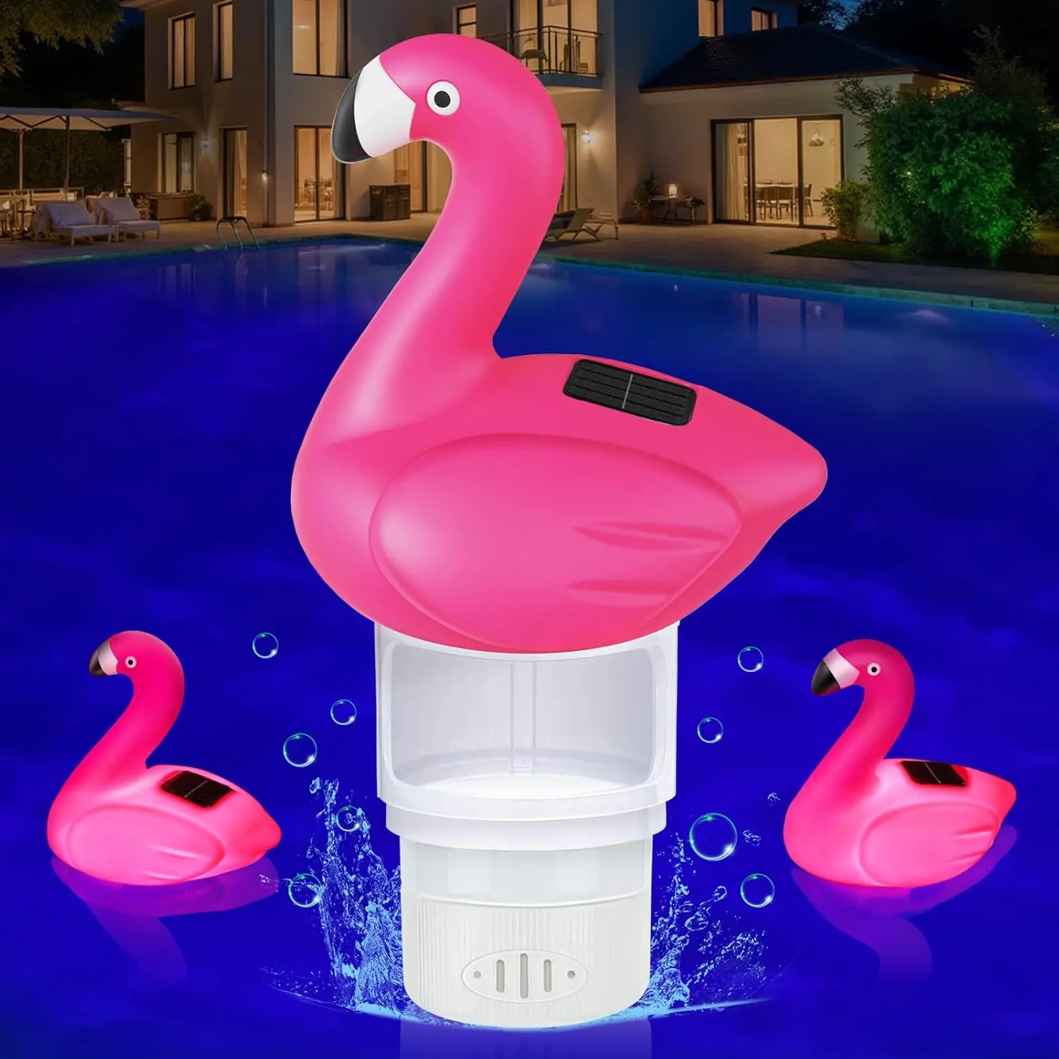 Solar Flamingo Pool Chlorine Floater - Adjustable Release, Glow in The Dark, Large Capacity Floating Dispenser for Pool Hot Tub Spa, Pink