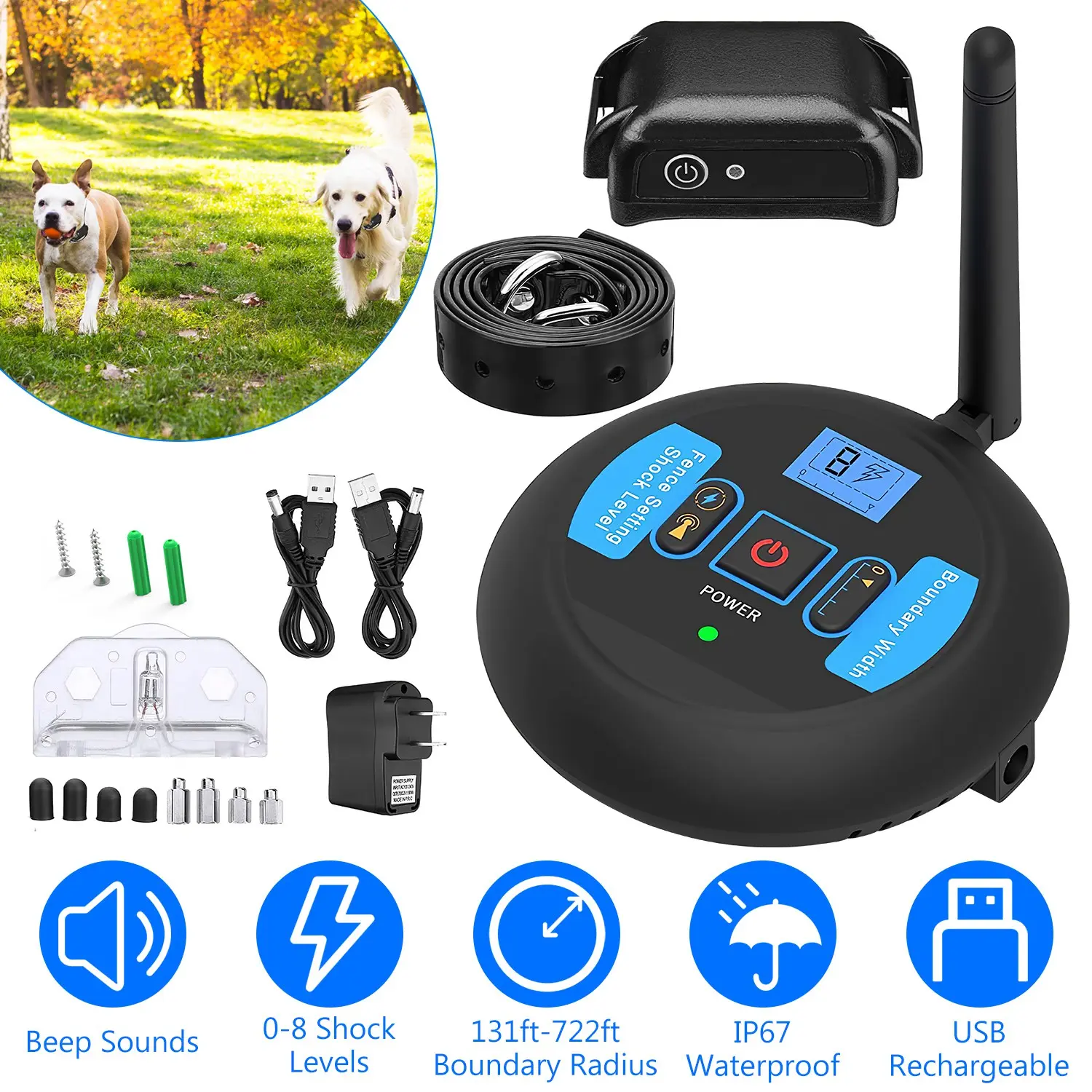 Wireless Electric Dog Fence & Training Collar System | No Wire Pet Containment Boundary Shock Collar for Small Medium Large Dogs 1 Set