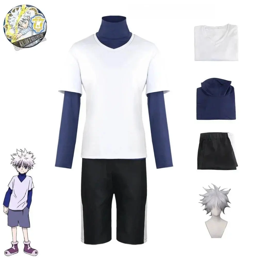 Hunter x Hunter Killua Zoldyck Cosplay Costume Number 99 Badge Halloween Christmas Party Cosplay Suit Shirt Short White Wig