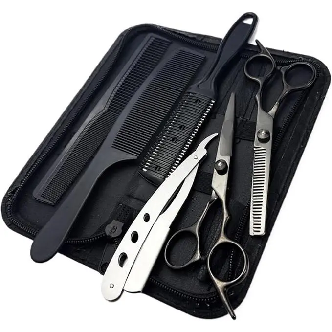Hair Cutting Scissors Set - Professional 6 PCS Haircut Scissors kit, Thinning Blender Scissors, Straight Shears with 30 Teeth for Men Women Home Salon Barber 6" Black Christmas Gift