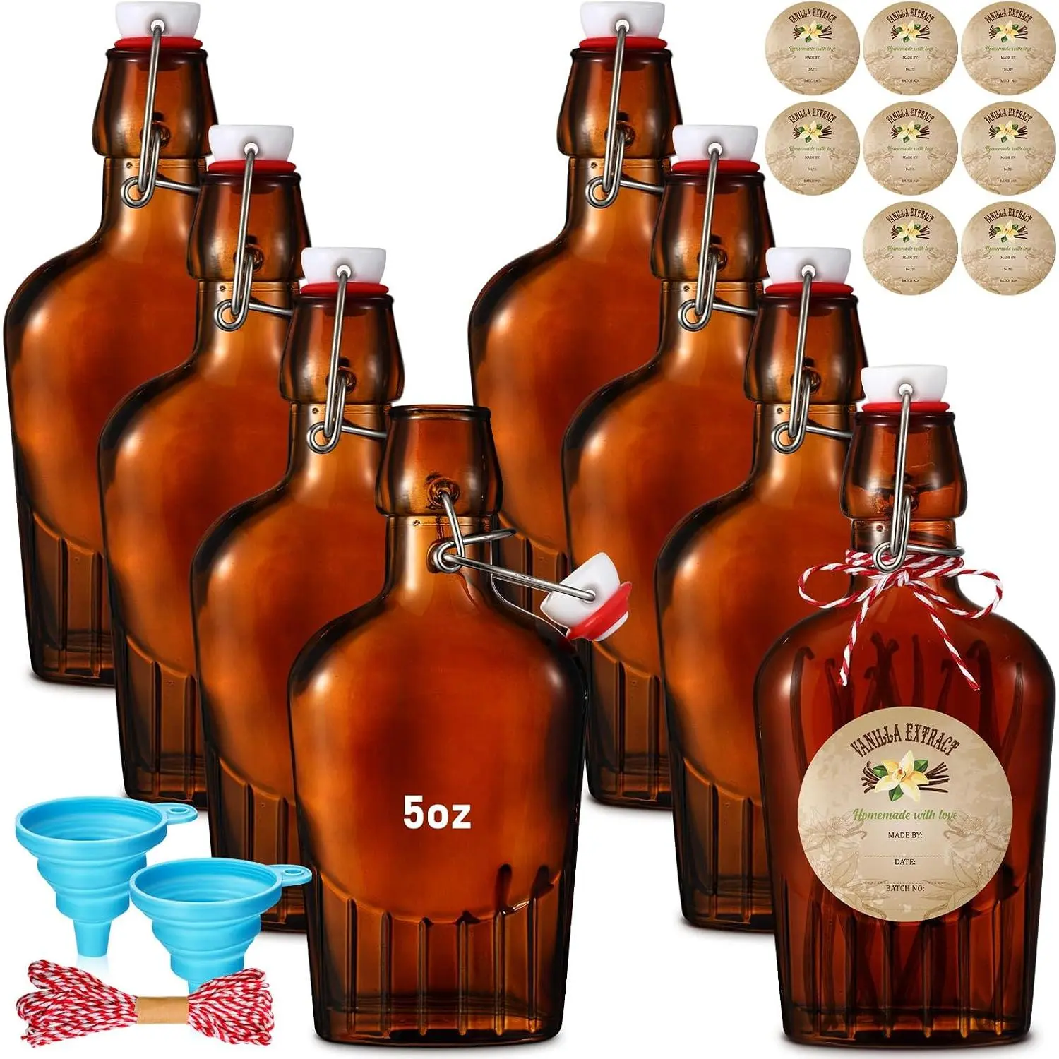 8 Pack 5oz Pocket Glass Flask with Swing Top, Vanilla Extract Preserving Bottles for Homemade Vanilla Extract, Kombucha, Drink, Christmas Gift, Kitchen Preserving Containers with Stickers, Pocket Flask