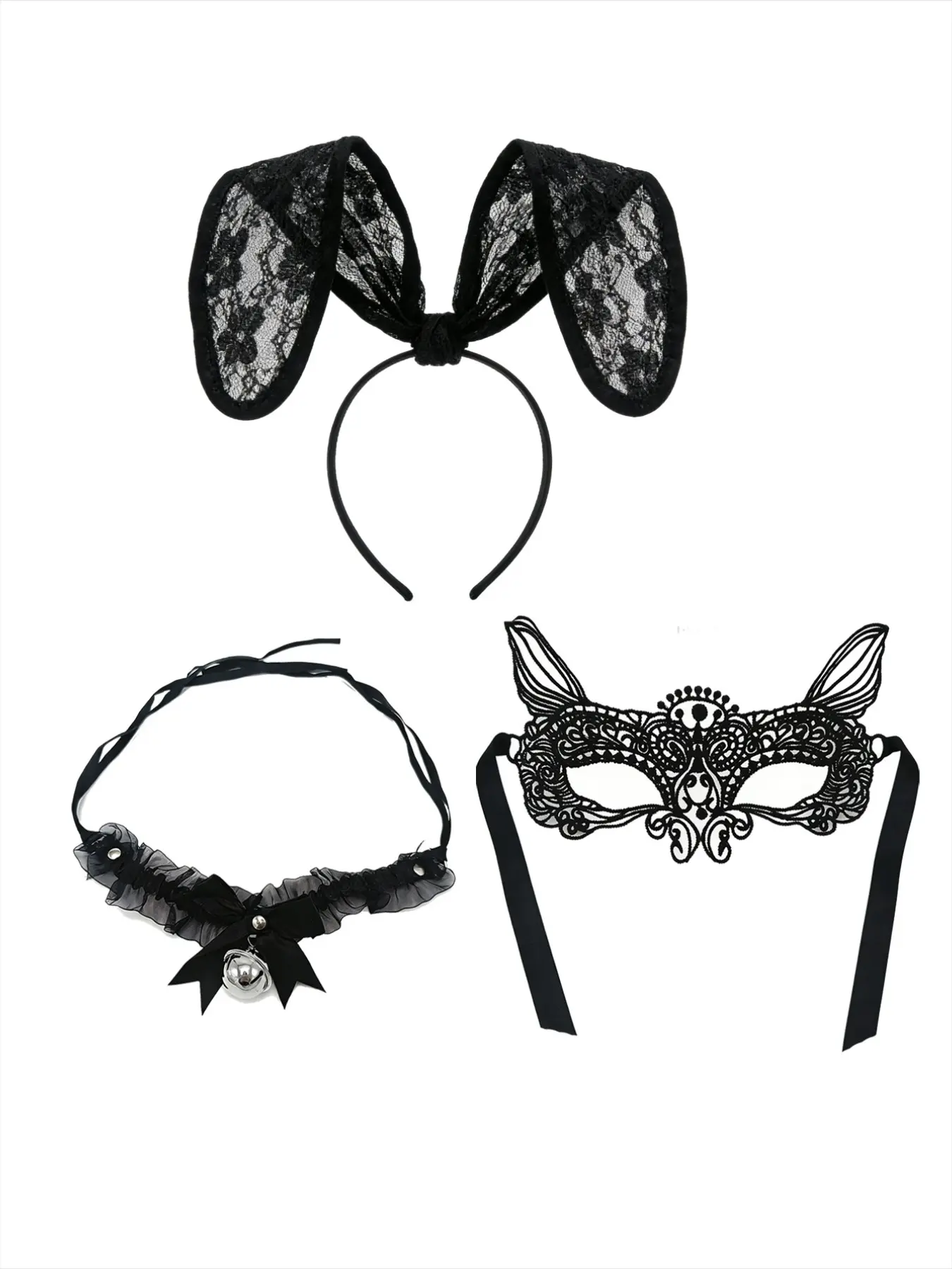 Costume Set, Foldable Lace Bunny Ears Headband, Bell Necklace, Lace Eye Mask, Bunny Mask Goth, Bunny Mask Girl, Couples Sexy Party Accessories, Party Props, Birthday Gift