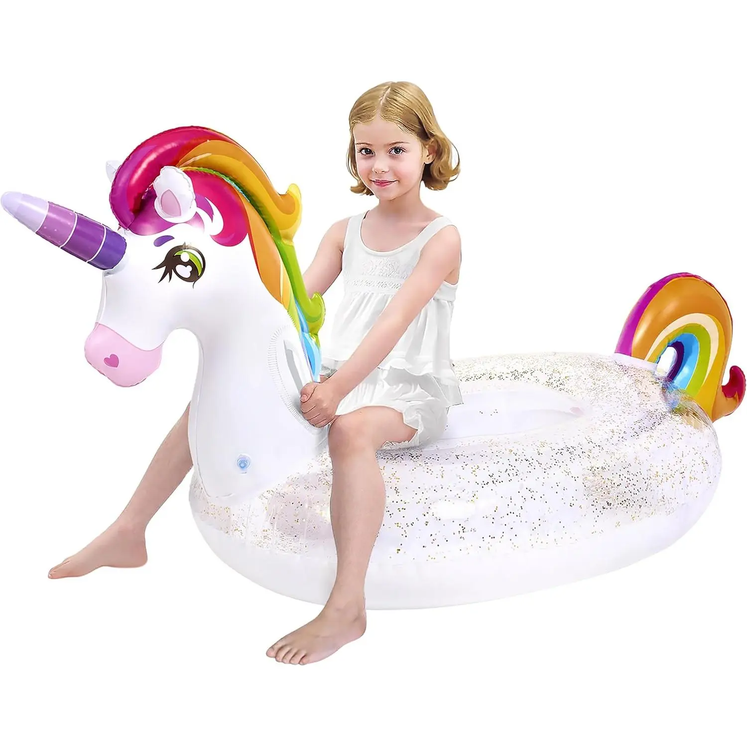 Large Glittery Rainbow Unicorn Pool Float for Kids - Inflatable Animal-Shaped Floaties Swim Ring with Easy-Access Handles, Ride-On Raft Lounge, Summer Beach Lake Toy & Party Decoration