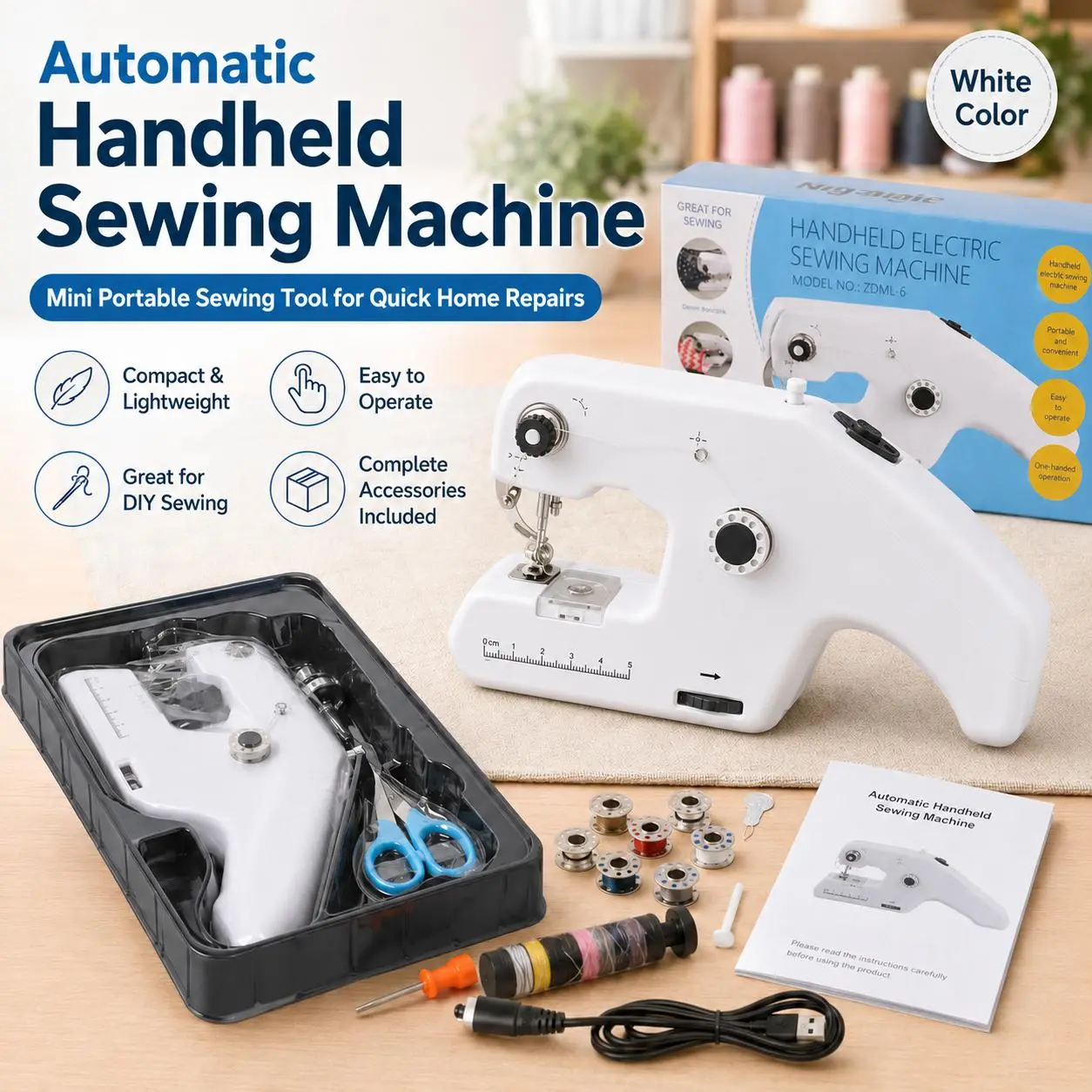Automatic Handheld Sewing Machine, Mini Portable Electric Double Thread Sewing Machine with Adjustable Stitch Tightness, Compact Desktop Sewing Tool for Quick Clothing Repairs, Hemming, DIY Needlework, Home Sewing, Travel and Beginner Use